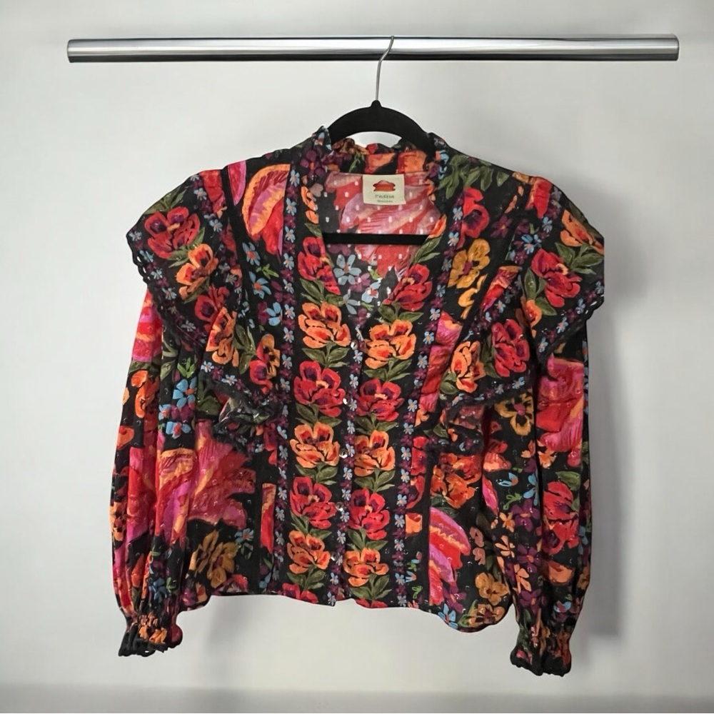 Farm Rio Printed Spring Bananas Red Black Floral Long Sleeve Blouse